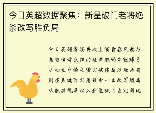 今日英超数据聚焦：新星破门老将绝杀改写胜负局