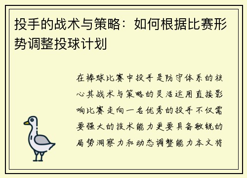 投手的战术与策略：如何根据比赛形势调整投球计划