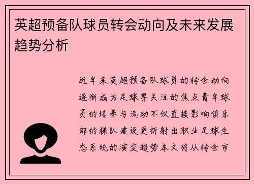 英超预备队球员转会动向及未来发展趋势分析